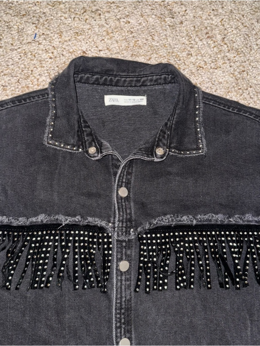 ZARA Girls Black Denim Buttun Jacket/shirt With Beaded Fringe Size 11-12 - Picture 2 of 6